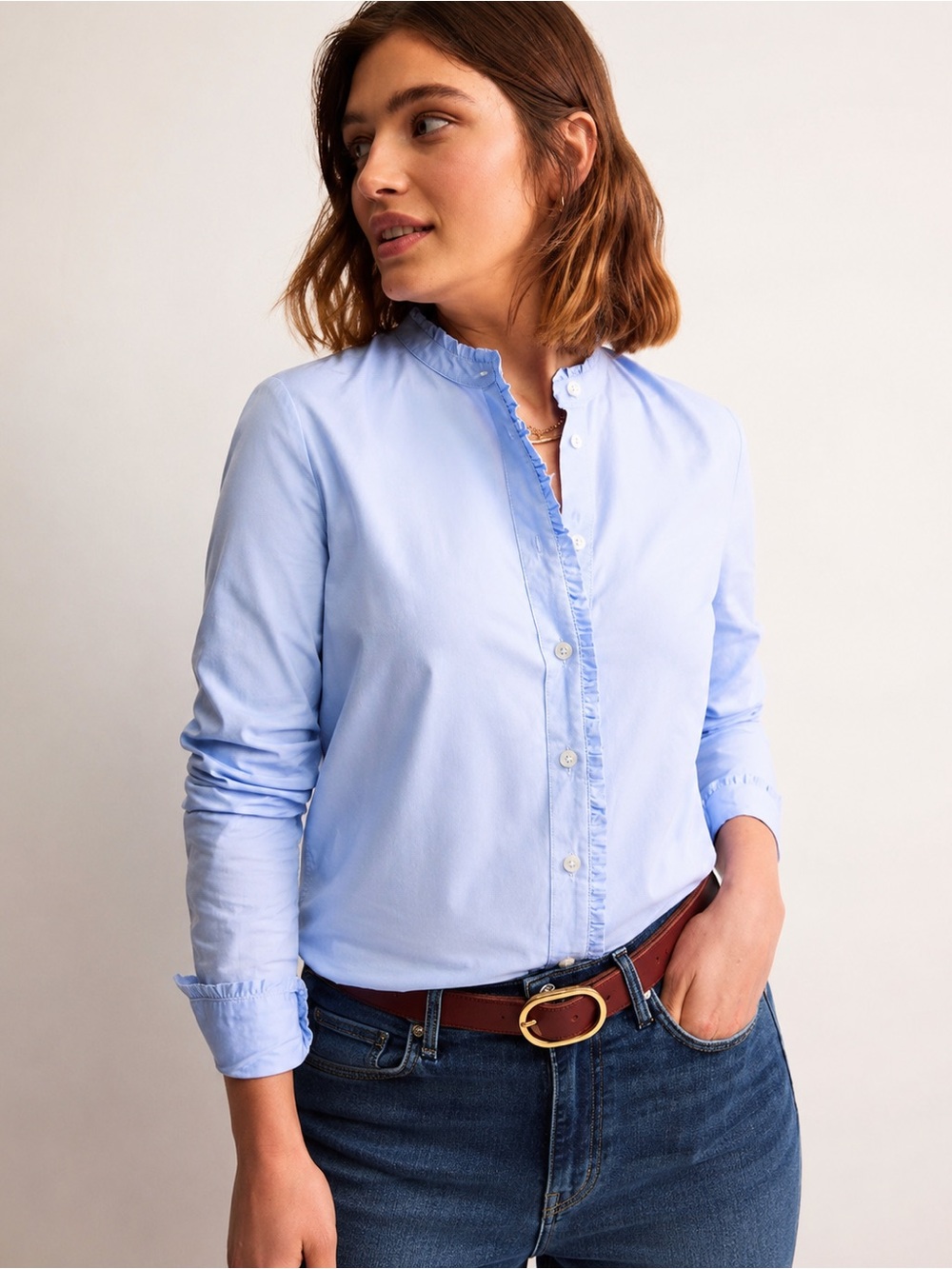 Boden Phoebe Shirt US 16 Blue Cotton Oxford Ruffle Collar Button Down